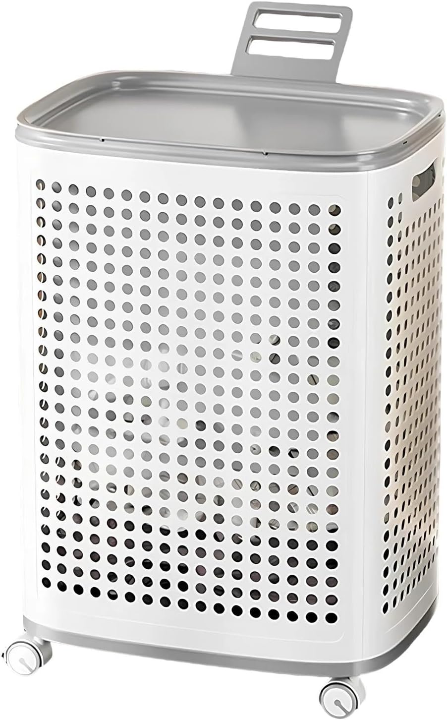 Ce panier a linge comprend un couvercle avec des roulettes