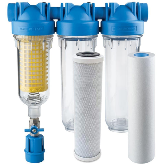 Choisissez un dispositif de filtration avec entretien anticalcaire en coloris gris et bleu