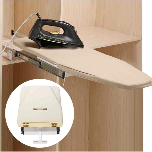 Decouvrez cette table de repassage avec un revetement en coton en coloris beige et marron